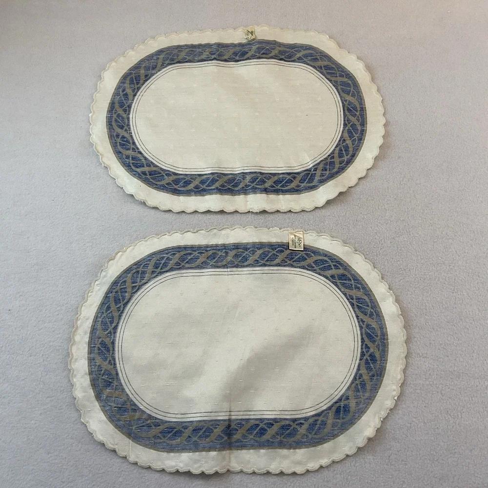Lenox Hamilton Oval Placemats Cloth Set Of 2 Ivory Gold Navy Blue Vintage Lot #5